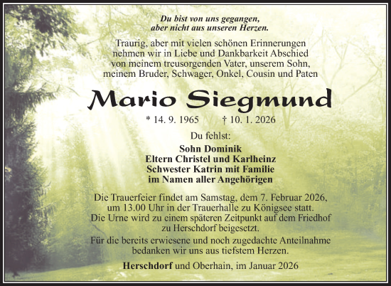 Traueranzeige von Mario Siegmund von Südthüringer Presse