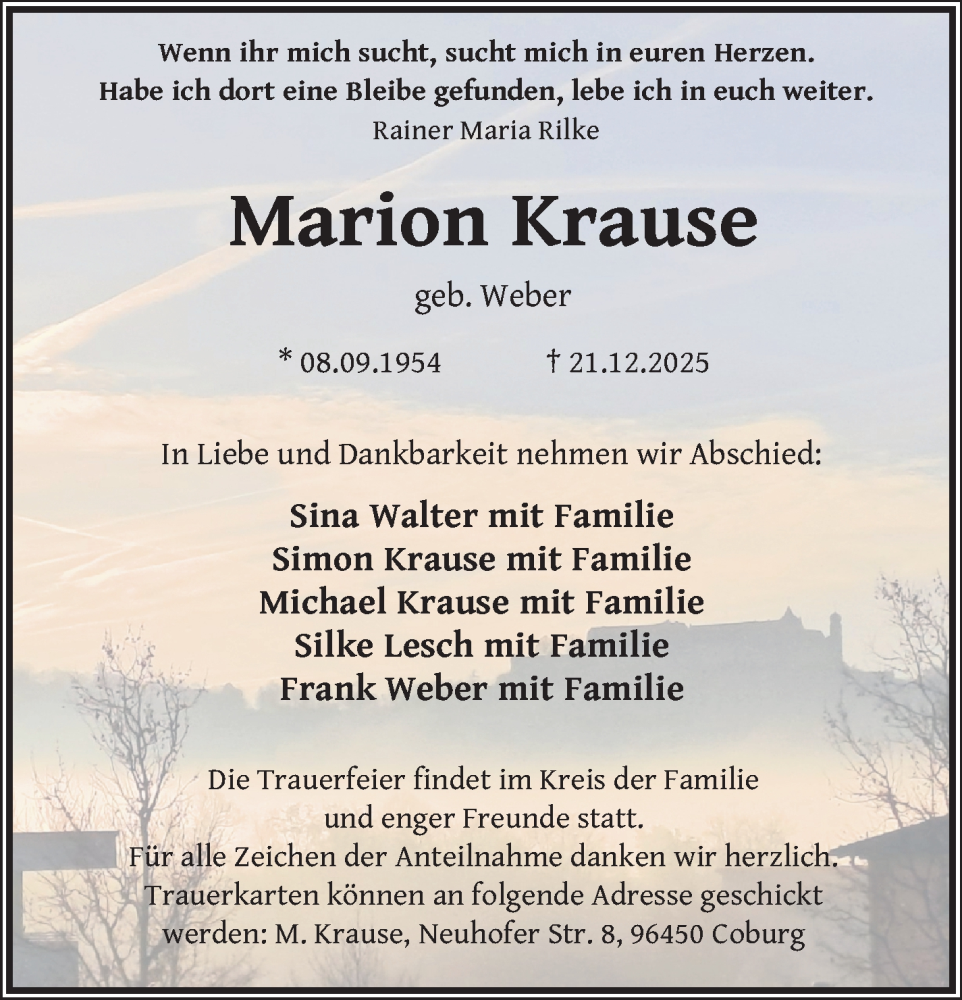 Traueranzeige für Marion Krause vom 13.01.2026 aus Neue Presse Coburg