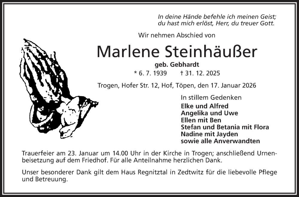  Traueranzeige für Marlene Steinhäußer vom 17.01.2026 aus Frankenpost