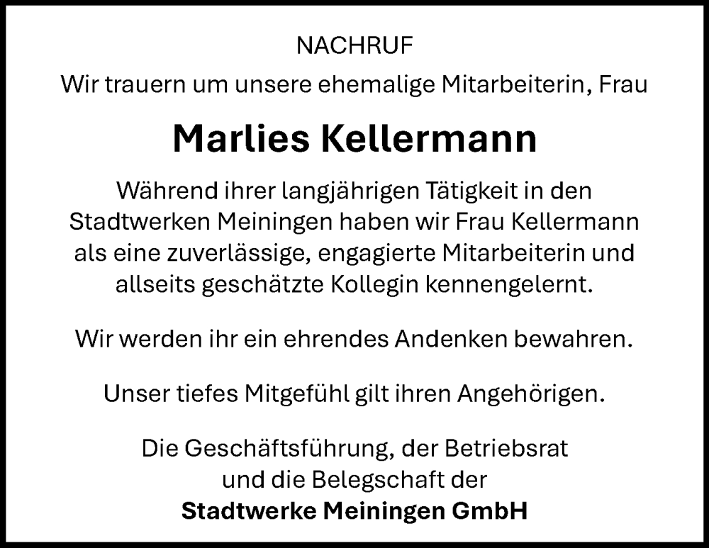  Traueranzeige für Marlies Kellermann vom 31.01.2026 aus Südthüringer Presse