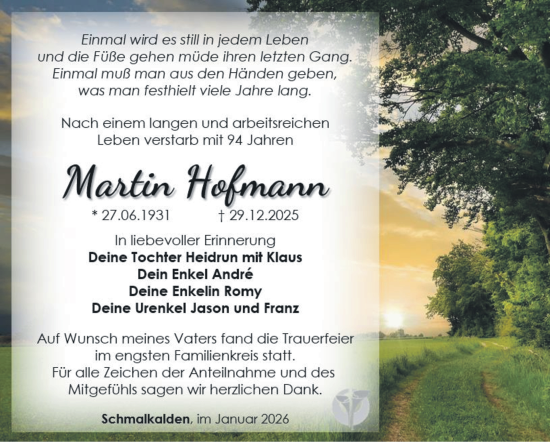 Traueranzeige von Martin Hofmann von Südthüringer Presse