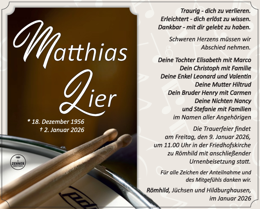  Traueranzeige für Matthias Lier vom 07.01.2026 aus Südthüringer Presse