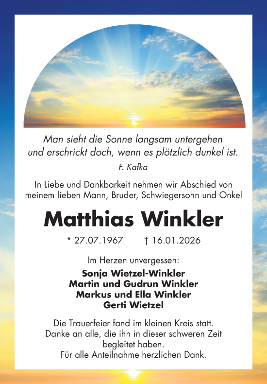 Traueranzeige von Matthias Winkler von Frankenpost