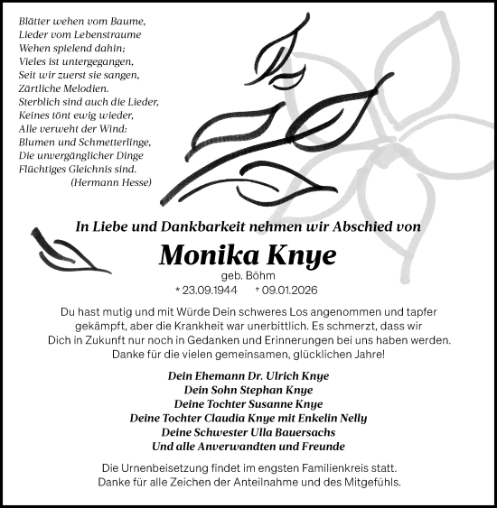 Traueranzeige von Monika Knye von Südthüringer Presse