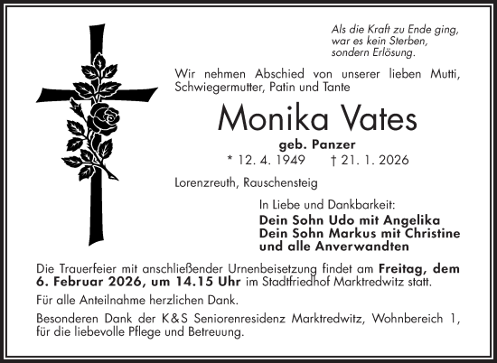 Traueranzeige von Monika Vates von Frankenpost