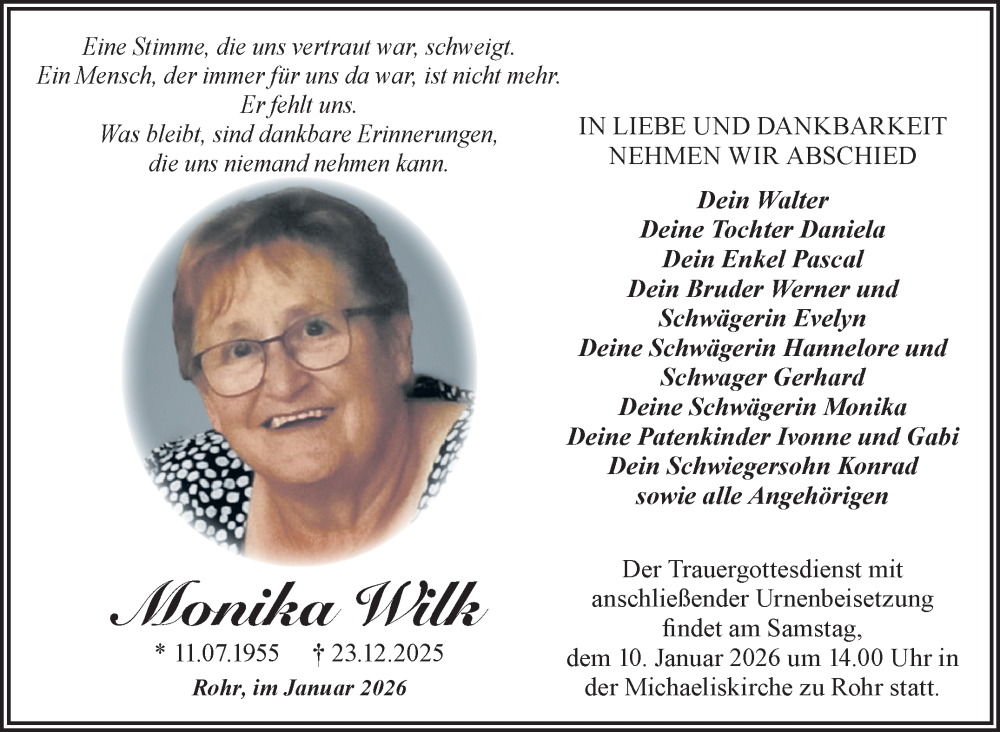  Traueranzeige für Monika Wilk vom 08.01.2026 aus Südthüringer Presse
