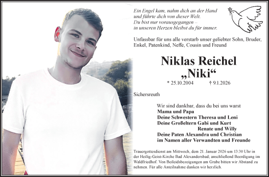 Traueranzeige von Niklas Reichel von Frankenpost