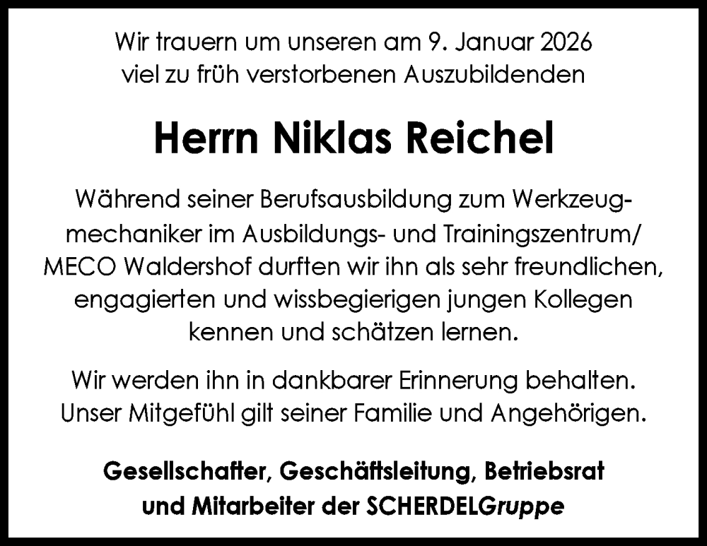  Traueranzeige für Niklas Reichel vom 17.01.2026 aus Frankenpost