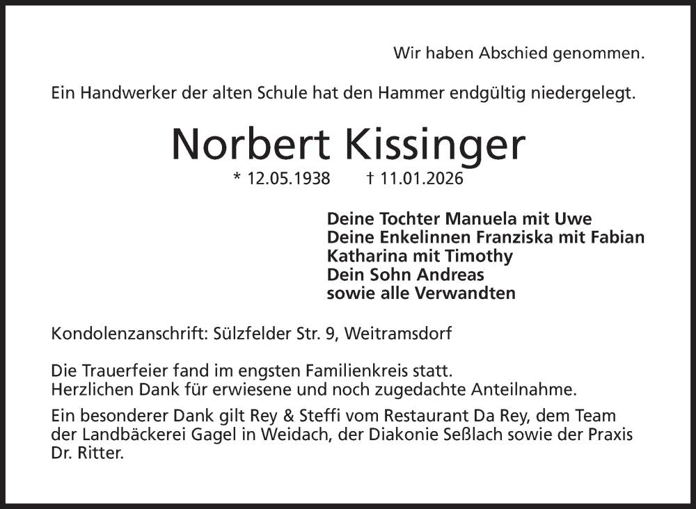  Traueranzeige für Norbert Kissinger vom 31.01.2026 aus Neue Presse Coburg