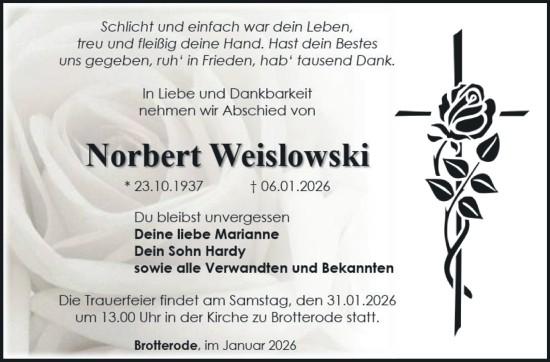 Traueranzeige von Norbert Weislowski von Südthüringer Presse
