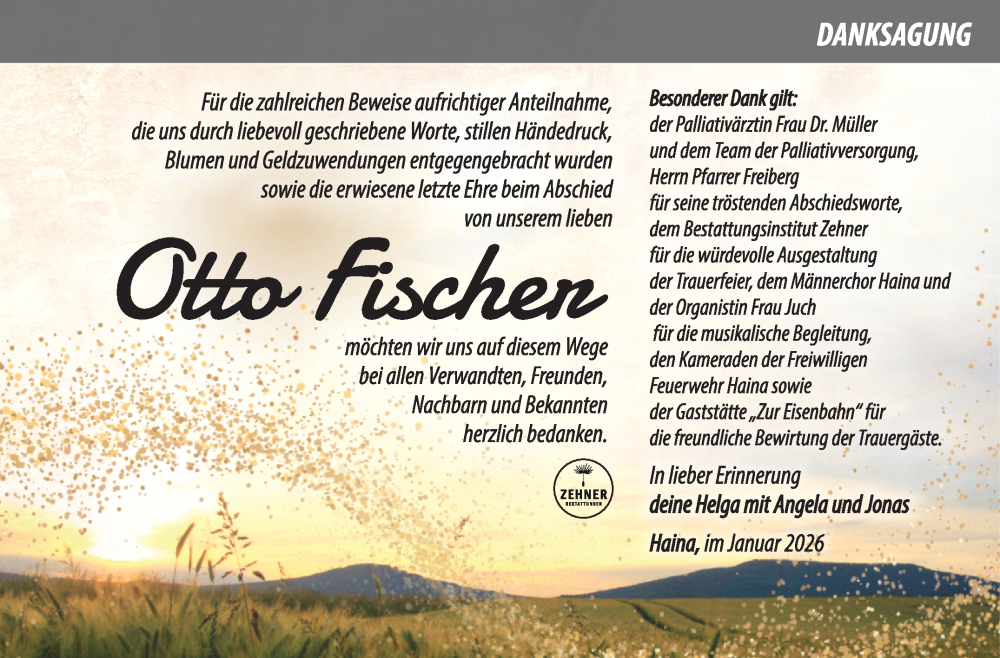  Traueranzeige für Otto Fischer vom 24.01.2026 aus Südthüringer Presse
