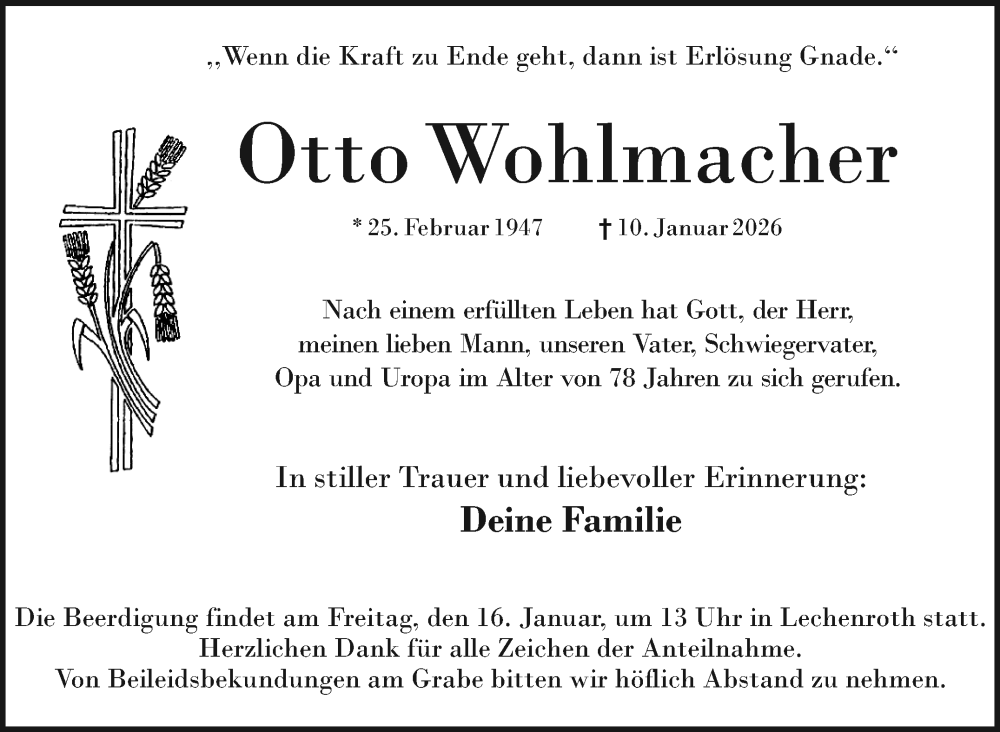  Traueranzeige für Otto Wohlmacher vom 14.01.2026 aus Neue Presse Coburg