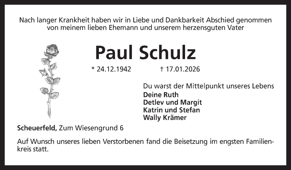  Traueranzeige für Paul Schulz vom 31.01.2026 aus Neue Presse Coburg