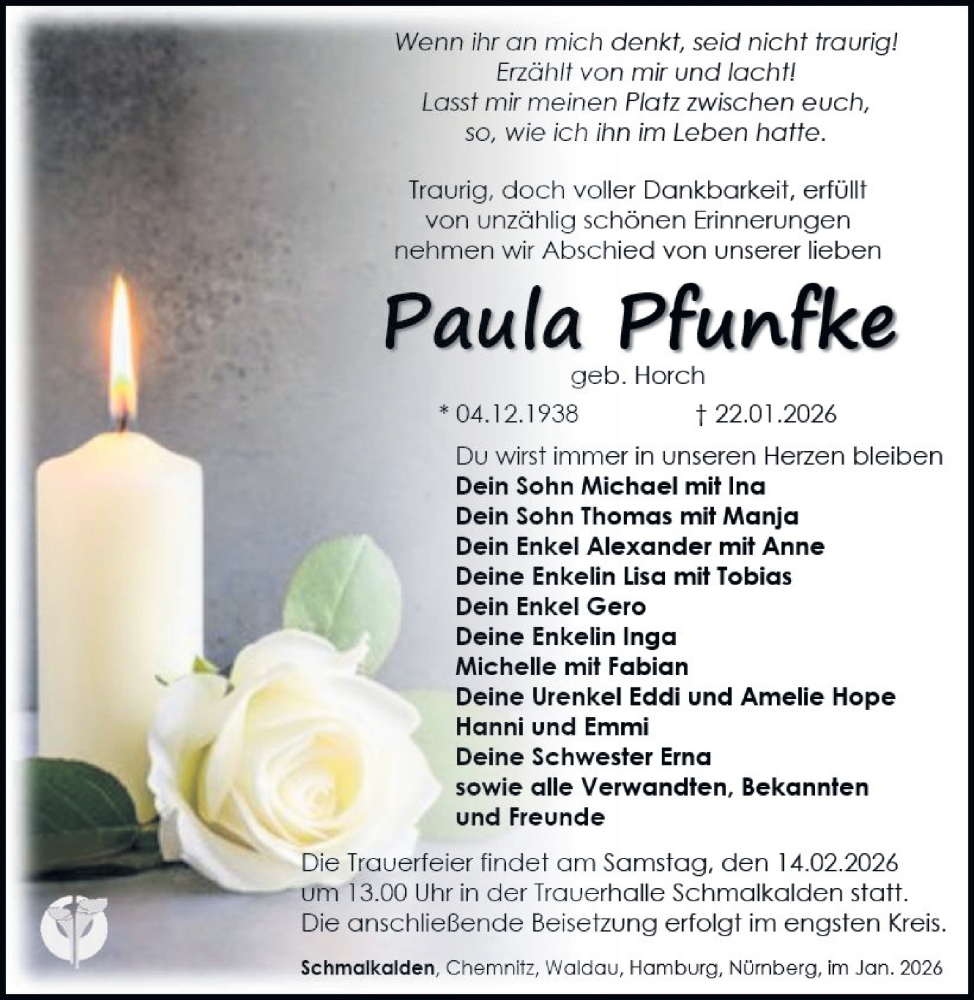  Traueranzeige für Paula Pfunfke vom 31.01.2026 aus Südthüringer Presse