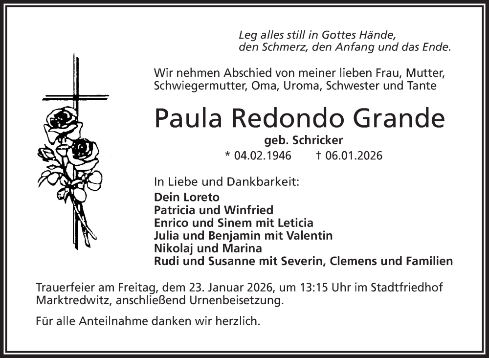  Traueranzeige für Paula Redondo Grande vom 17.01.2026 aus Frankenpost