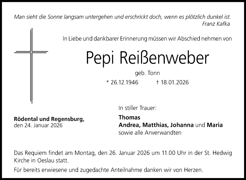  Traueranzeige für Pepi Reißenweber vom 24.01.2026 aus Neue Presse Coburg