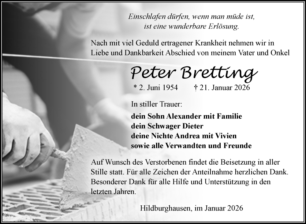  Traueranzeige für Peter Bretting vom 31.01.2026 aus Südthüringer Presse