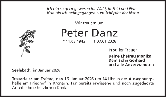 Traueranzeige von Peter Danz von Neue Presse Coburg