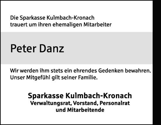 Traueranzeige von Peter Danz von Neue Presse Coburg