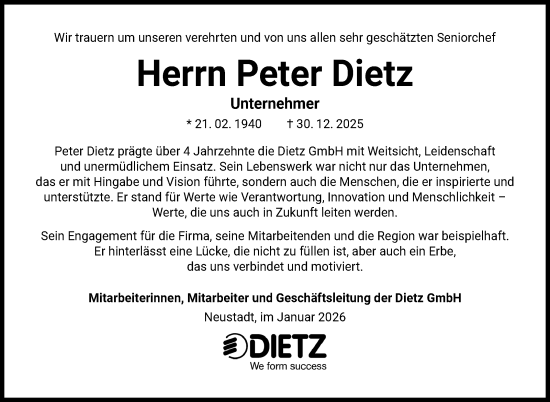 Traueranzeige von Peter Dietz von Neue Presse Coburg