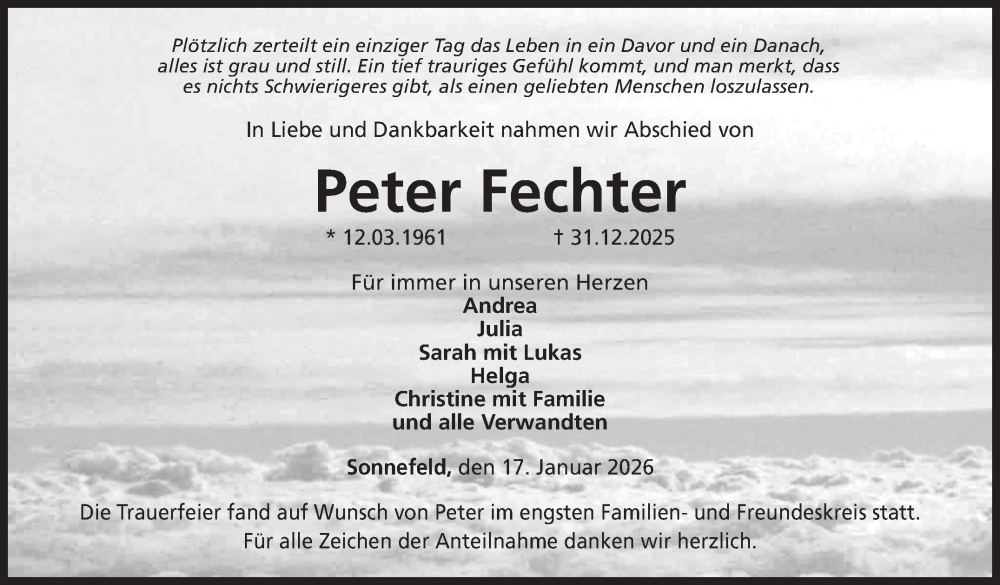  Traueranzeige für Peter Fechter vom 17.01.2026 aus Neue Presse Coburg