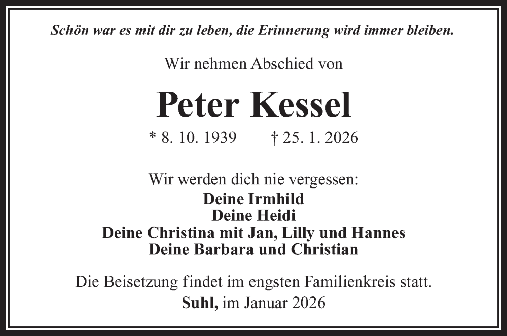 Traueranzeige für Peter Kessel vom 31.01.2026 aus Südthüringer Presse