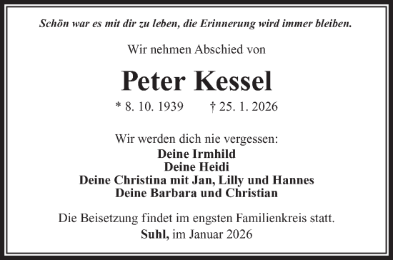 Traueranzeige von Peter Kessel von Südthüringer Presse