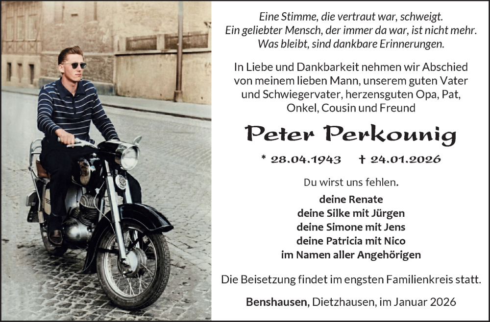  Traueranzeige für Peter Perkounig vom 31.01.2026 aus Südthüringer Presse