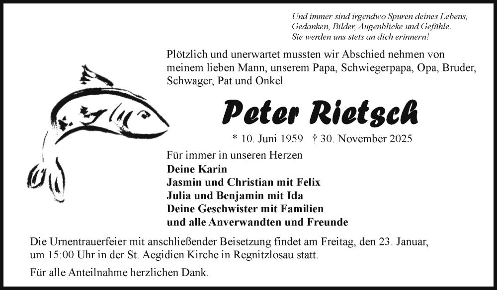  Traueranzeige für Peter Rietsch vom 17.01.2026 aus Frankenpost