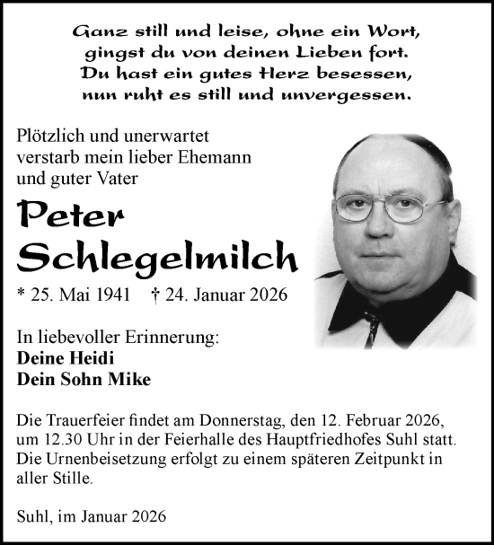 Traueranzeige von Peter Schlegelmilch von Südthüringer Presse