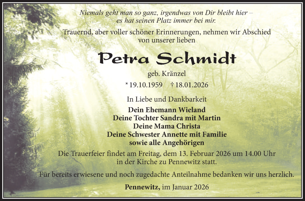  Traueranzeige für Petra Schmidt vom 31.01.2026 aus Südthüringer Presse