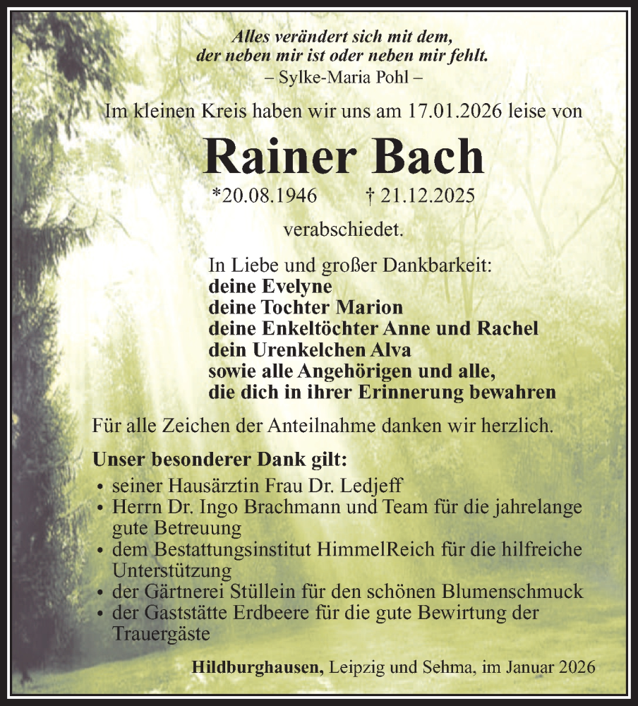  Traueranzeige für Rainer Bach vom 24.01.2026 aus Südthüringer Presse