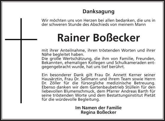 Traueranzeige von Rainer Boßecker von Südthüringer Presse