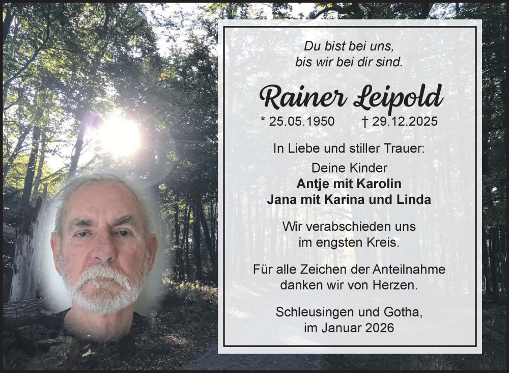  Traueranzeige für Rainer Leipold vom 17.01.2026 aus Südthüringer Presse