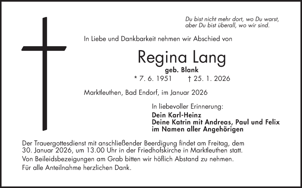  Traueranzeige für Regina Lang vom 28.01.2026 aus Frankenpost