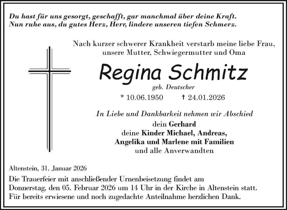  Traueranzeige für Regina Schmitz vom 31.01.2026 aus Neue Presse Coburg