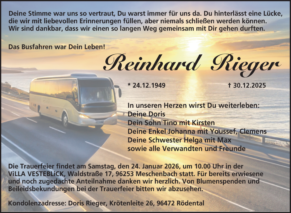  Traueranzeige für Reinhard Rieger vom 17.01.2026 aus Neue Presse Coburg