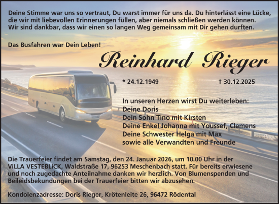 Traueranzeige von Reinhard Rieger von Neue Presse Coburg