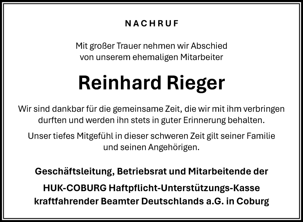  Traueranzeige für Reinhard Rieger vom 22.01.2026 aus Neue Presse Coburg