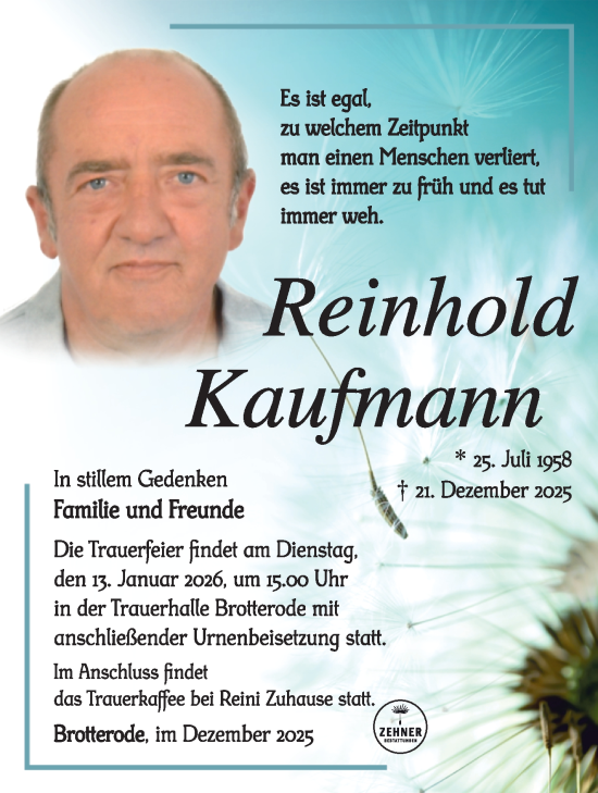 Traueranzeige von Reinhold Kaufmann von Südthüringer Presse