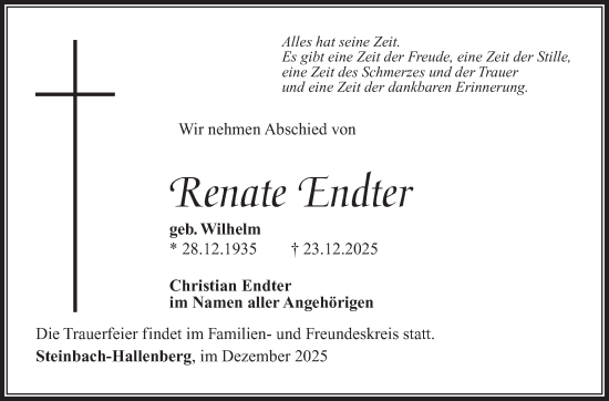 Traueranzeige von Renate Endter von Südthüringer Presse