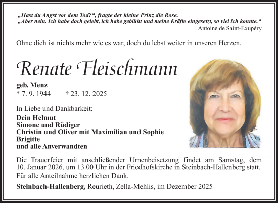 Traueranzeige von Renate Fleischmann von Südthüringer Presse