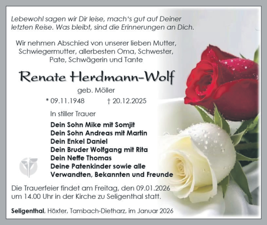 Traueranzeige von Renate Herdmann-Wolf von Südthüringer Presse
