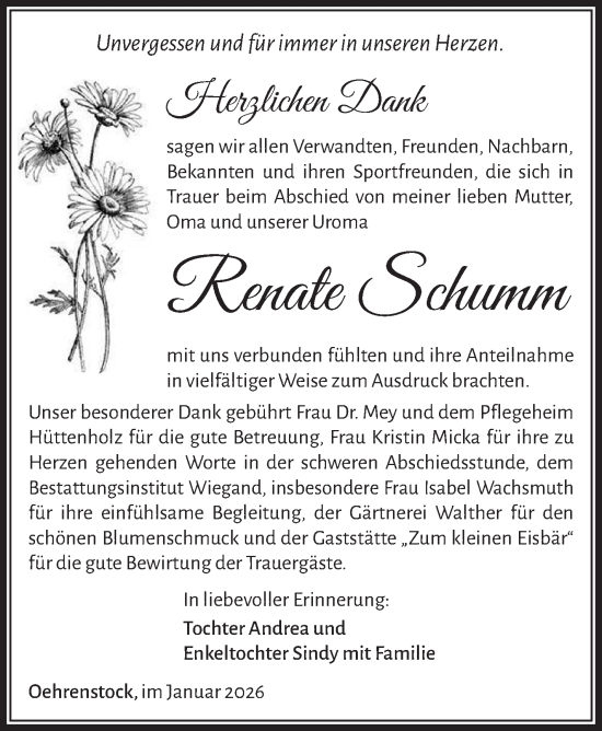 Traueranzeige von Renate Schumm von Südthüringer Presse