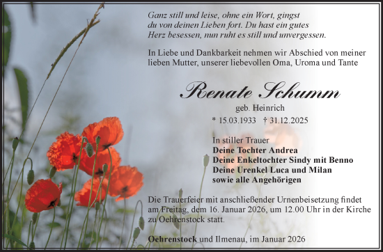 Traueranzeige von Renate Schumm von Südthüringer Presse