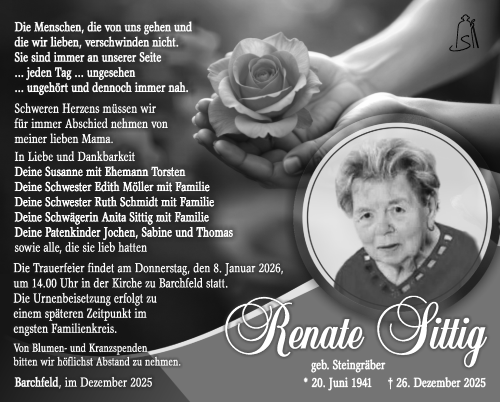  Traueranzeige für Renate Sittig vom 03.01.2026 aus Südthüringer Presse