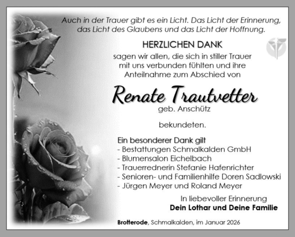  Traueranzeige für Renate Trautvetter vom 17.01.2026 aus Südthüringer Presse