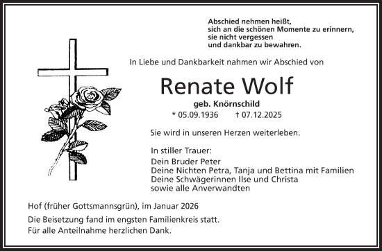 Traueranzeige von Renate Wolf von Frankenpost