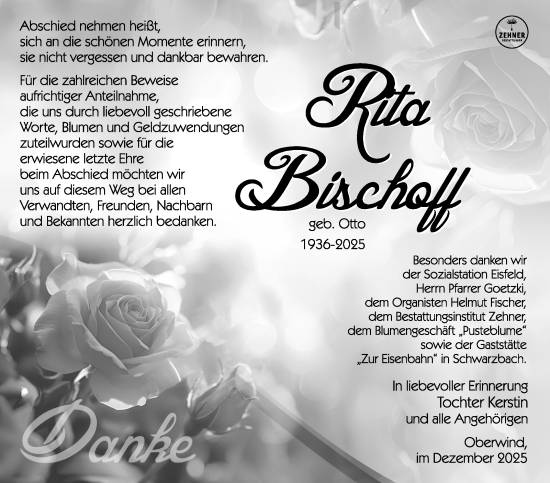Traueranzeige von Rita Bischoff von Südthüringer Presse