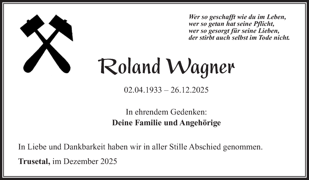  Traueranzeige für Roland Wagner vom 03.01.2026 aus Südthüringer Presse